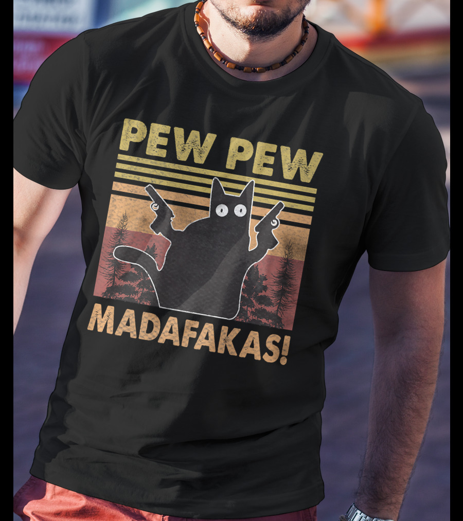 Pew Pew Madafakas Cat Vintage Retro Sunset Forest T-Shirt