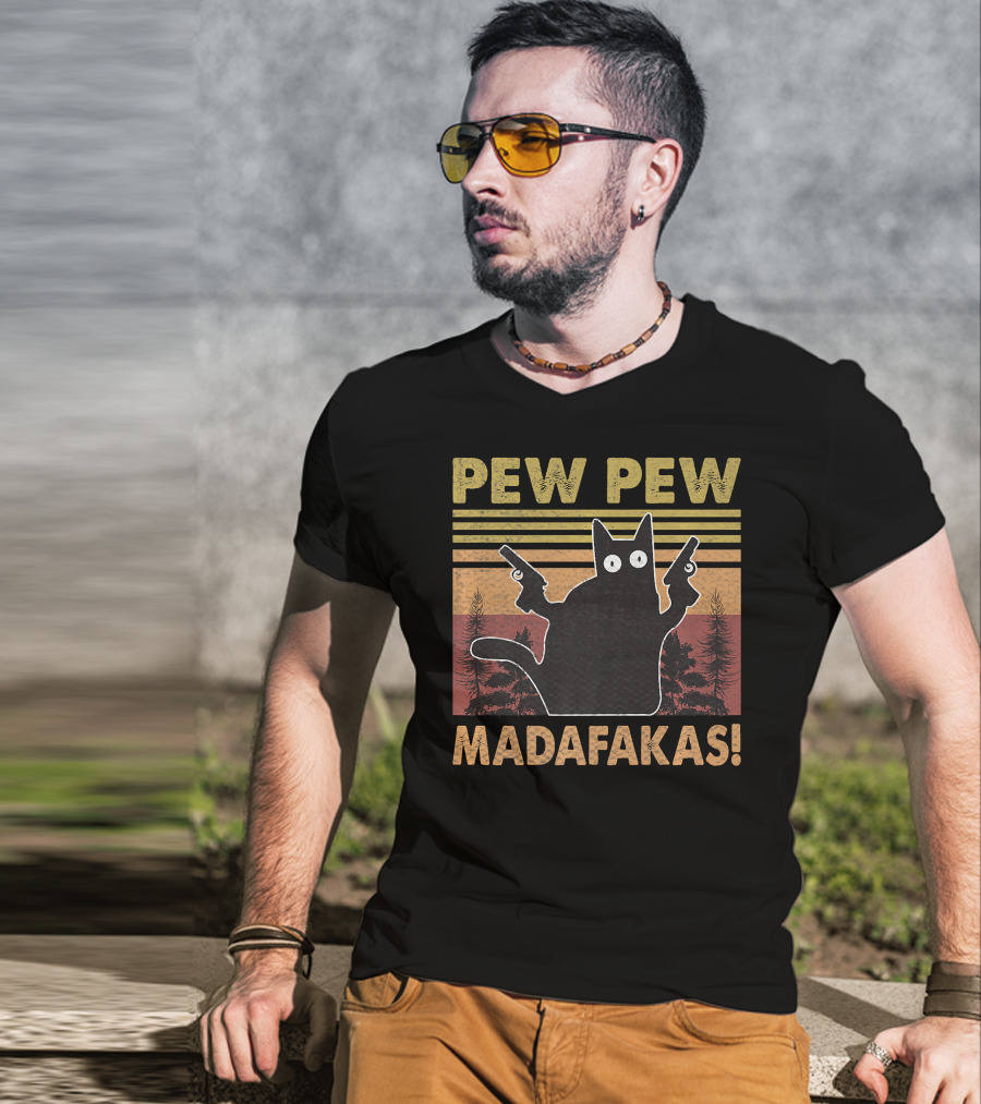 Pew Pew Madafakas Cat Vintage Retro Sunset Forest T-Shirt