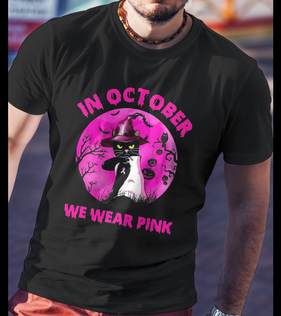 In October We Wear Pink Black Cat Witch Hat Pumpkin Breast Cancer Awareness T-Shirt