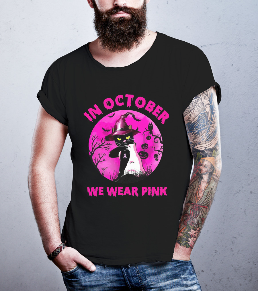 In October We Wear Pink Black Cat Witch Hat Pumpkin Breast Cancer Awareness T-Shirt