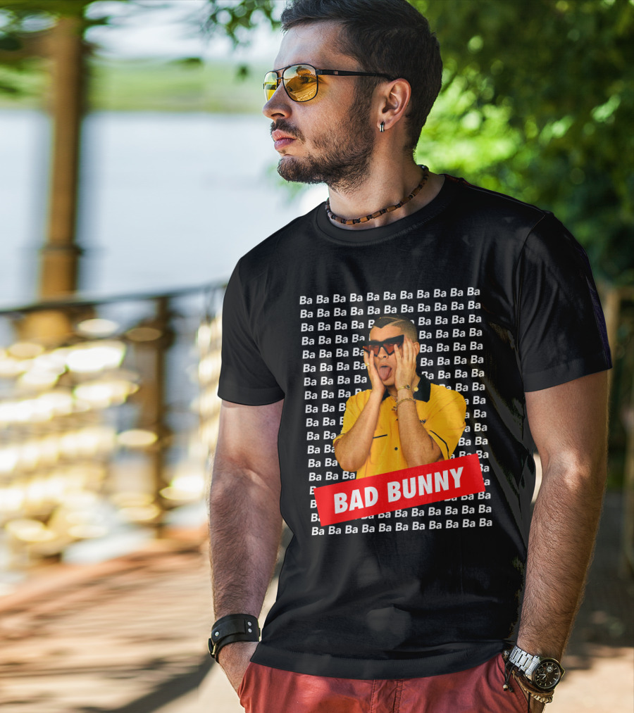 BAD BUNNY Ba Ba Ba Pattern Yellow Shirt Sunglasses T-Shirt