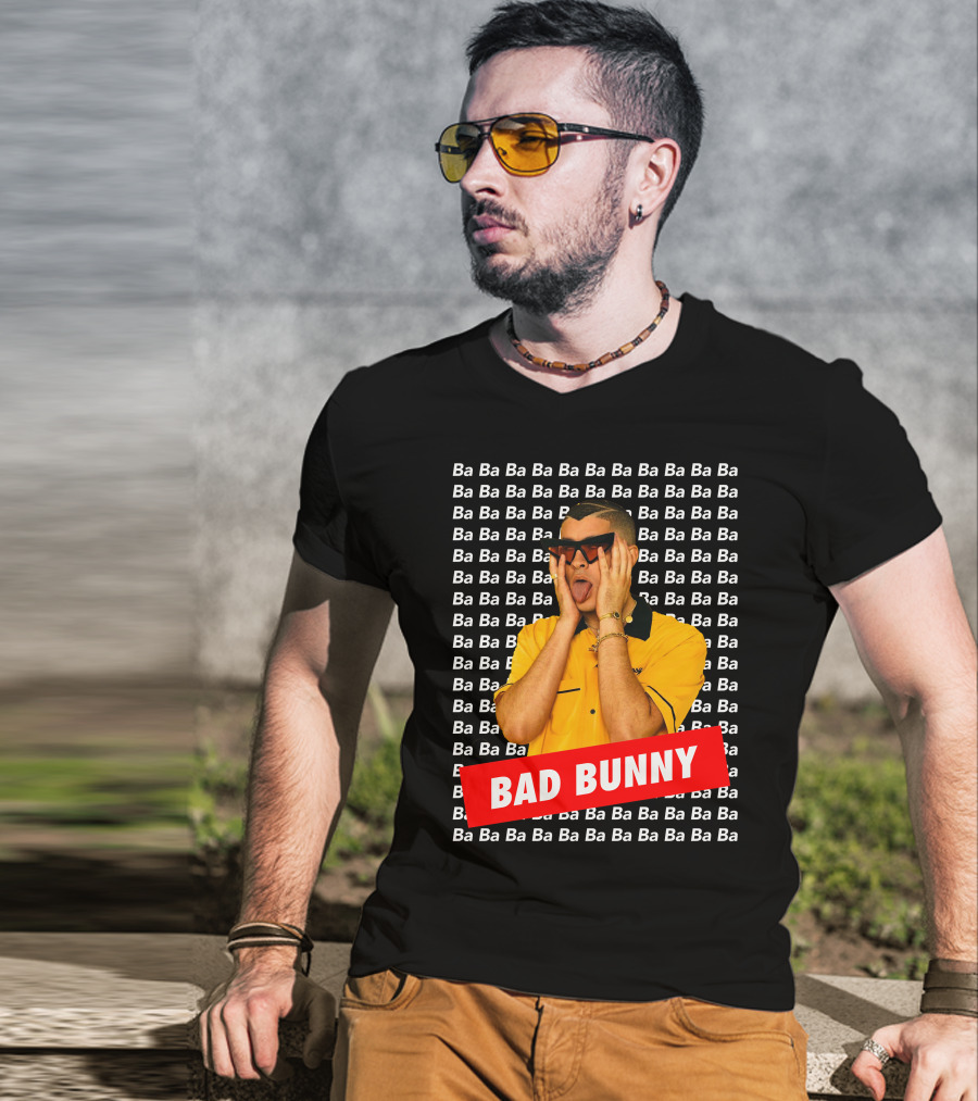 BAD BUNNY Ba Ba Ba Pattern Yellow Shirt Sunglasses T-Shirt