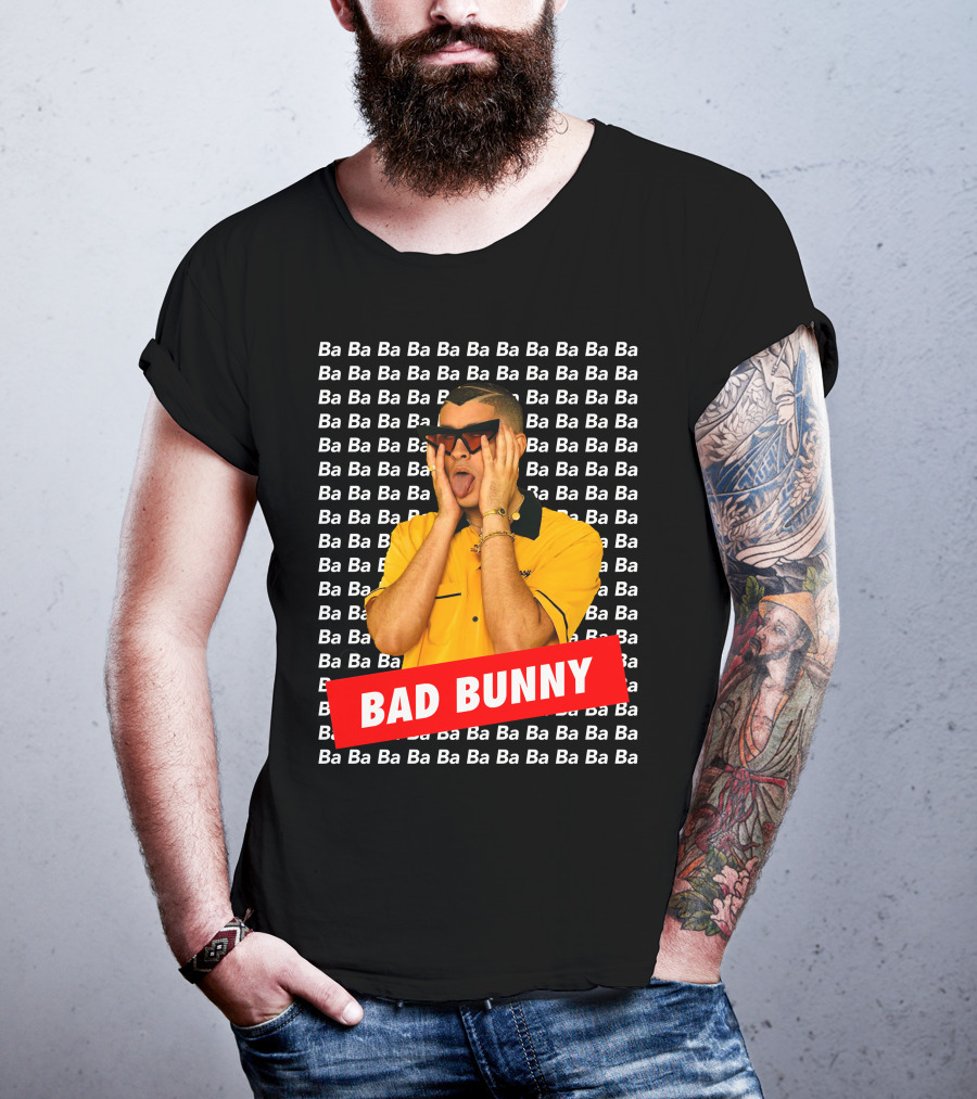 BAD BUNNY Ba Ba Ba Pattern Yellow Shirt Sunglasses T-Shirt
