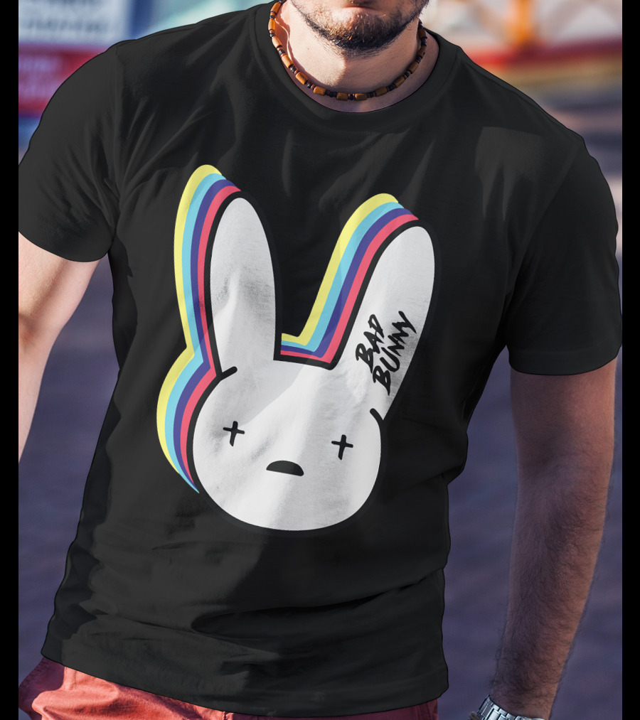 Bad Bunny Cross-Eyed Bunny Head Multicolor Outline T-Shirt