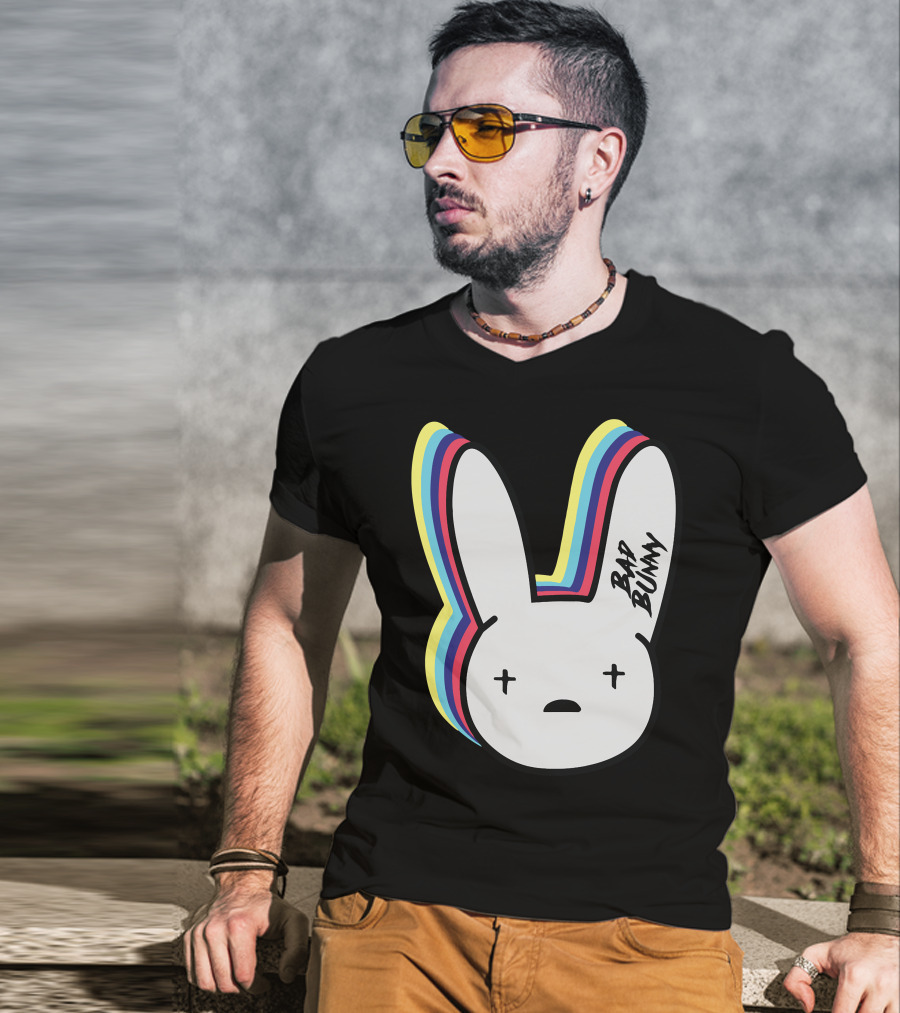 Bad Bunny Cross-Eyed Bunny Head Multicolor Outline T-Shirt