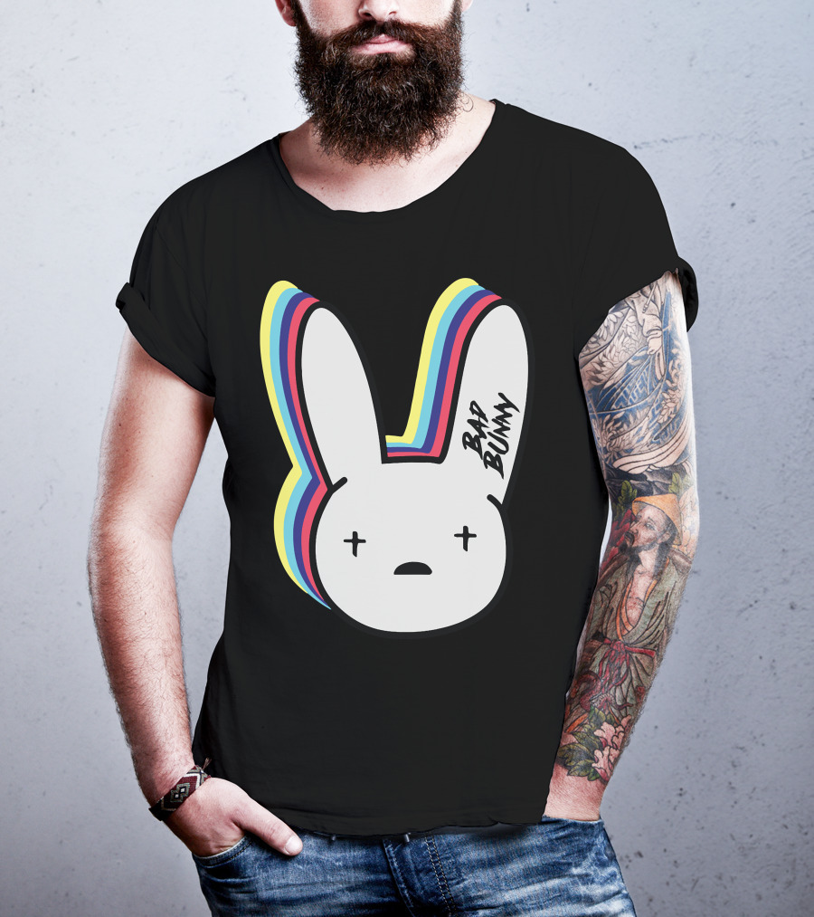 Bad Bunny Cross-Eyed Bunny Head Multicolor Outline T-Shirt