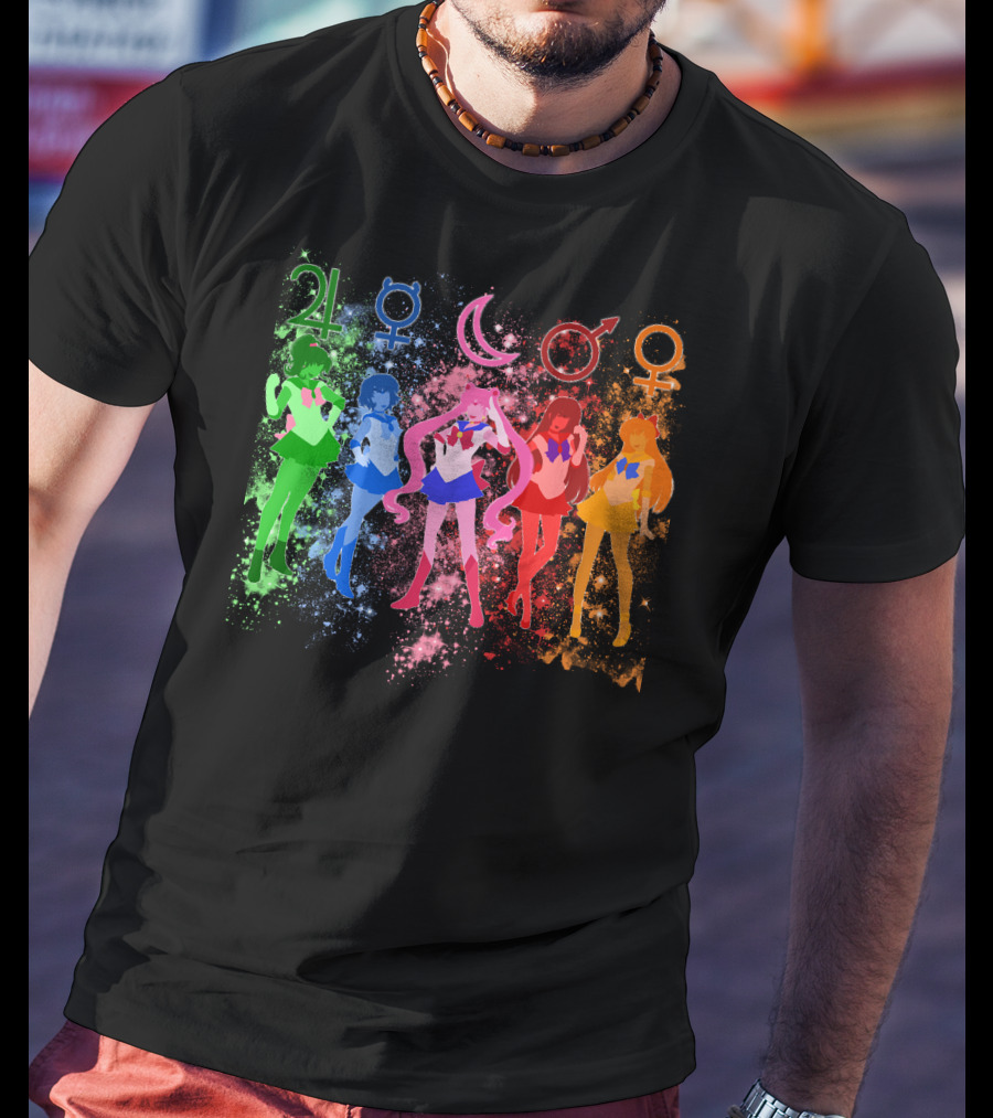 Sailor Moon The Inner Senshi With Planetary Symbols And Colorful Cosmic Background T-Shirt