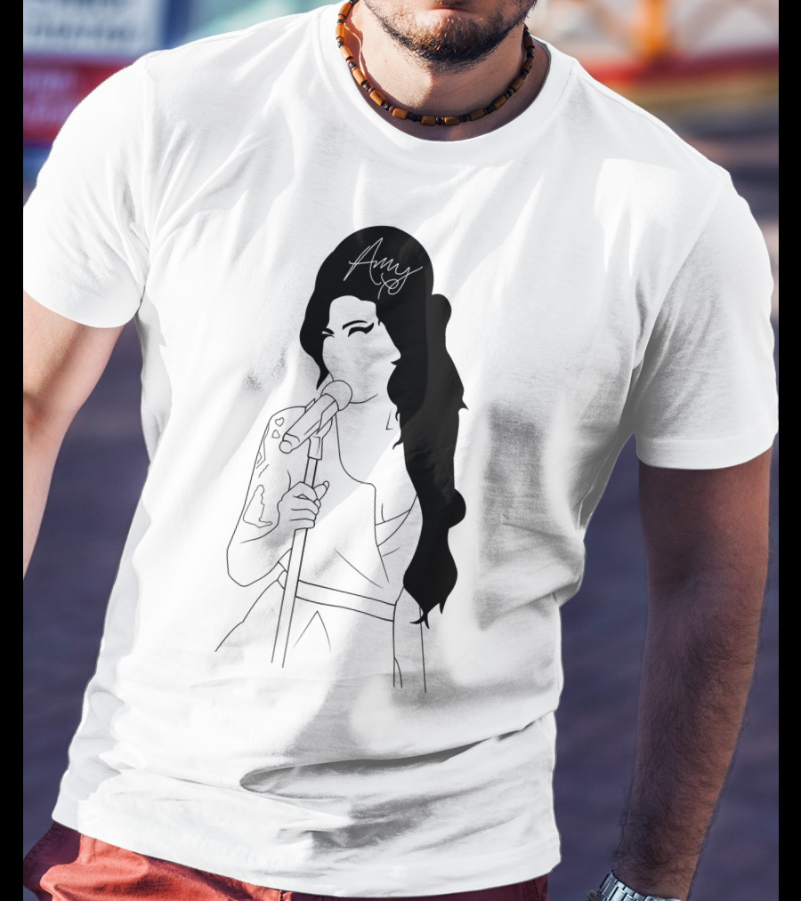 Amy Winehouse Line Art With Signature Mic Pose T-Shirt