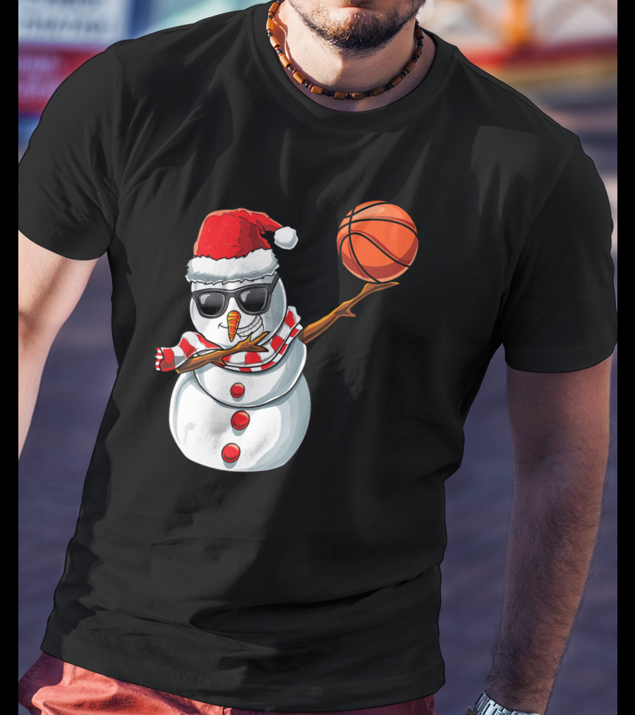 Christmas Snowman Dabbing Basketball Santa Scarf Glasses T-Shirt