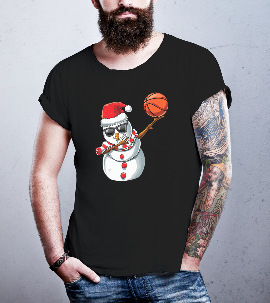 Christmas Snowman Dabbing Basketball Santa Scarf Glasses T-Shirt