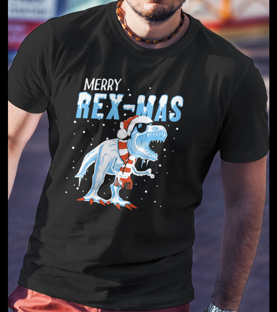 Merry Rexmas Christmas Dinosaur Wearing Santa Hat And Scarf T-Shirt