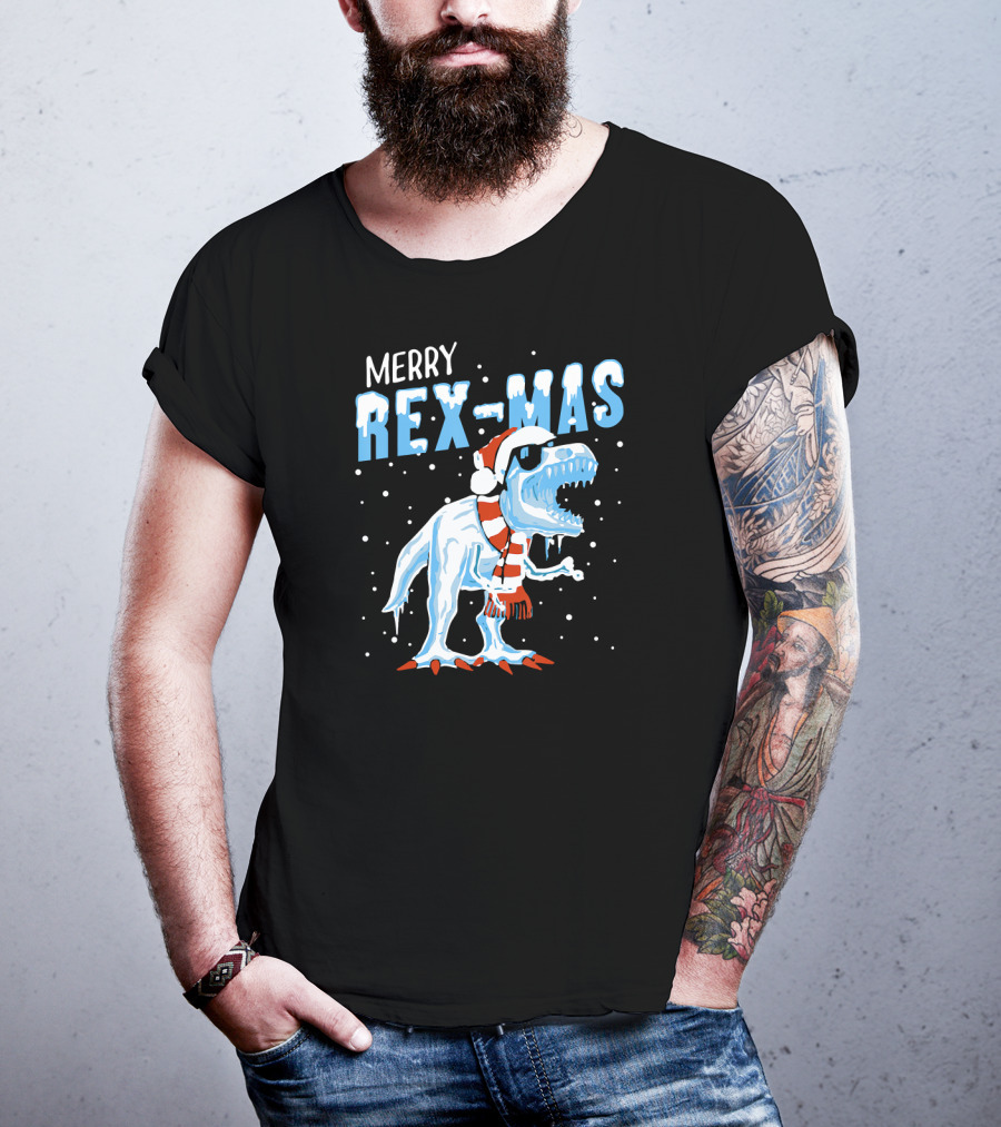 Merry Rexmas Christmas Dinosaur Wearing Santa Hat And Scarf T-Shirt