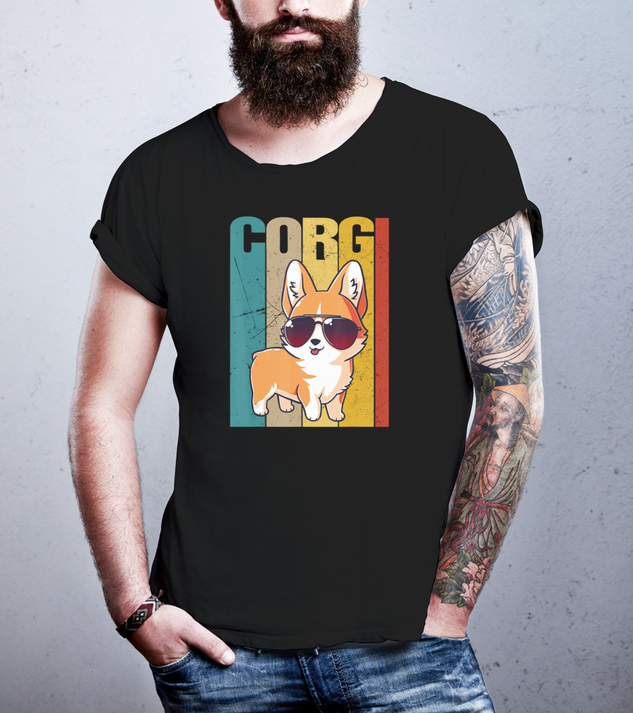 Corgi With Sunglasses Retro Stripes T-Shirt