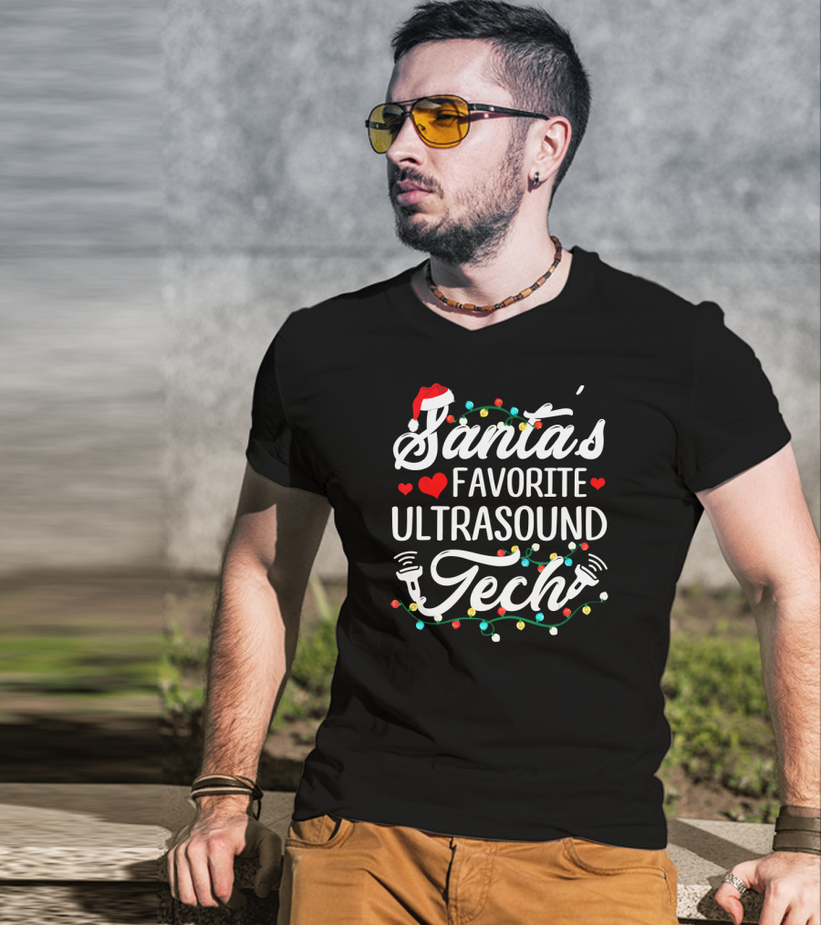 Santa's Favorite Ultrasound Tech Christmas Lights Santa Hat Hearts T-Shirt