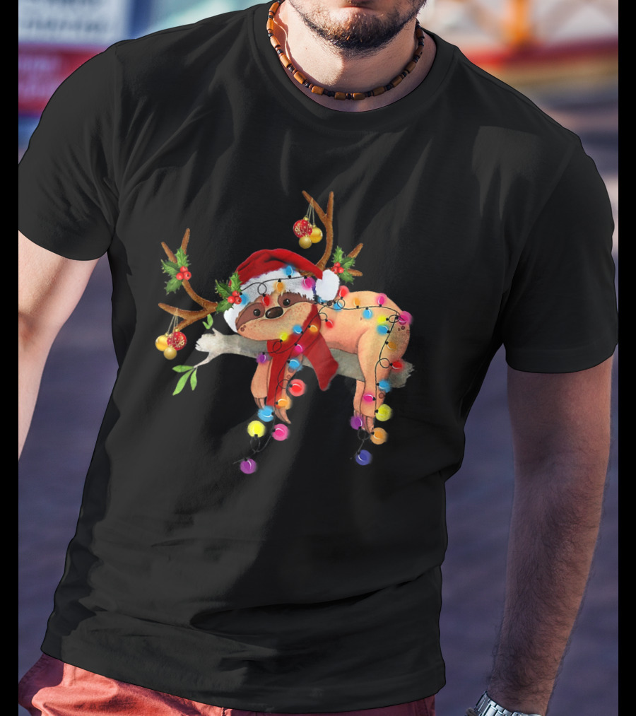 Santa Sloth With Gorgeous Reindeer Antlers And Christmas Lights T-Shirt