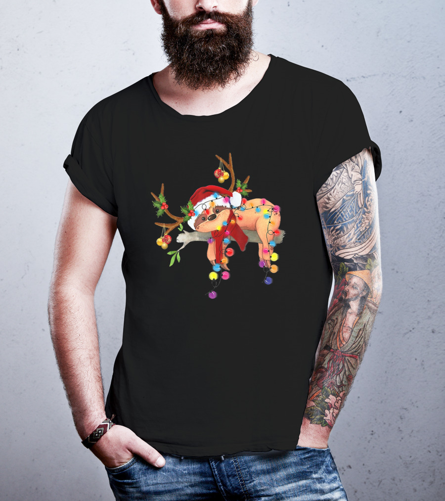 Santa Sloth With Gorgeous Reindeer Antlers And Christmas Lights T-Shirt
