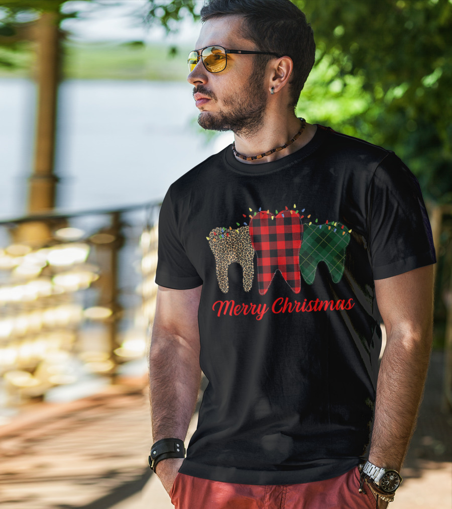 Merry Christmas Teeth Plaid Leopard Pattern With Holiday Lights T-Shirt