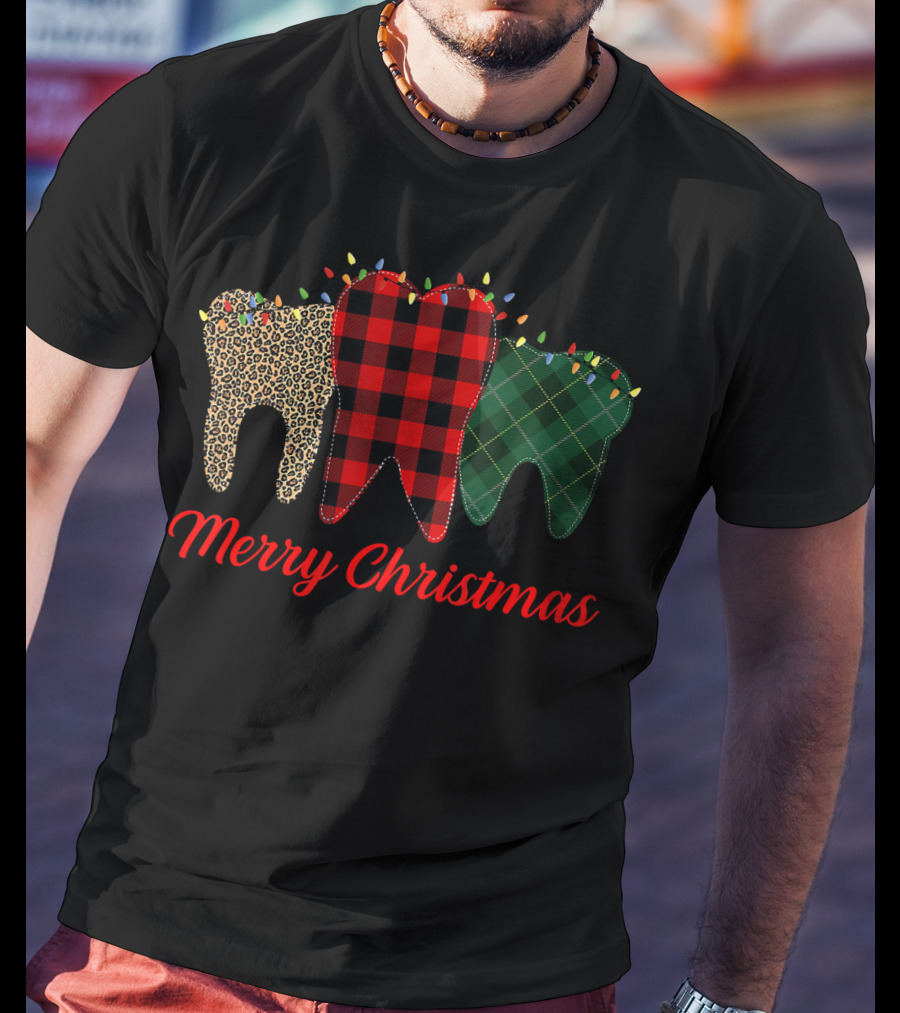 Merry Christmas Teeth Plaid Leopard Pattern With Holiday Lights T-Shirt