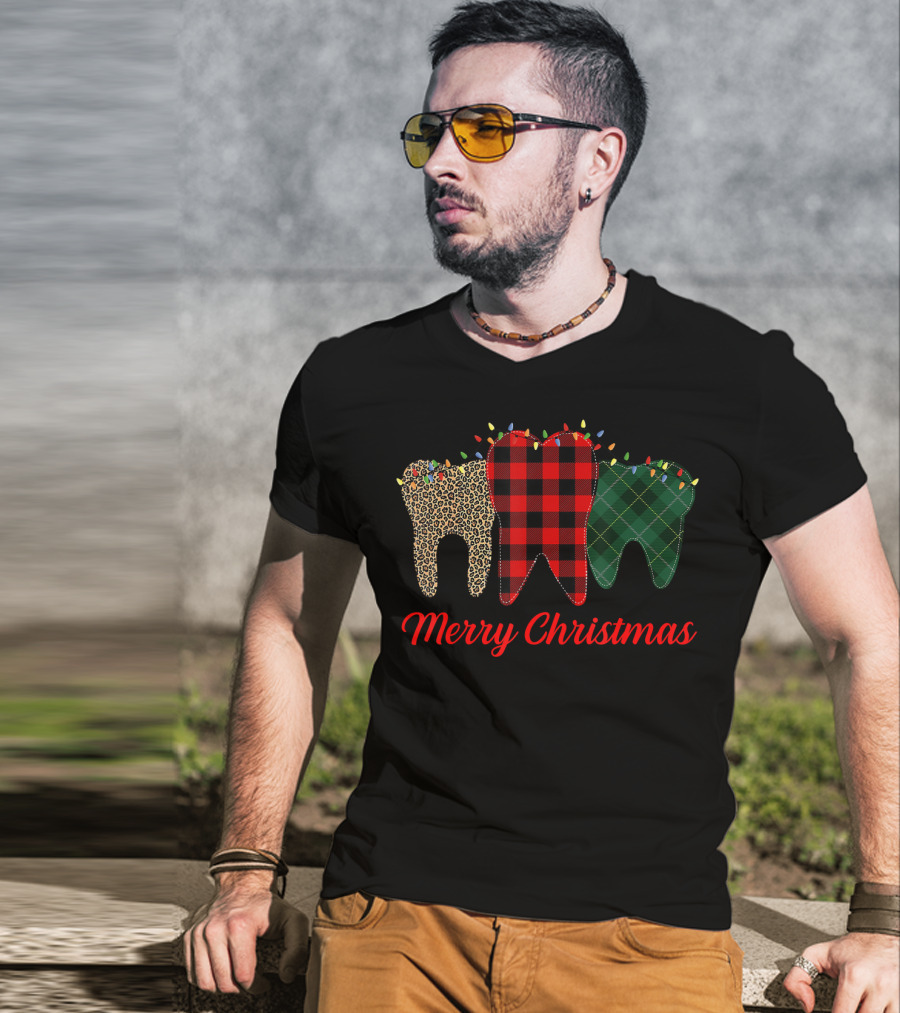 Merry Christmas Teeth Plaid Leopard Pattern With Holiday Lights T-Shirt