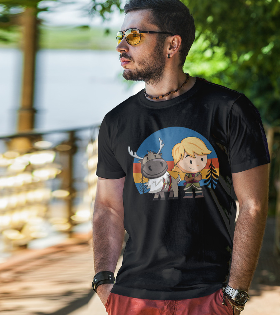 Frozen 2 Chibi Sven And Kristoff Retro Sunset Scene T-Shirt