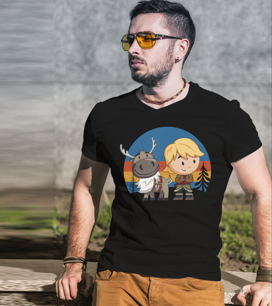 Frozen 2 Chibi Sven And Kristoff Retro Sunset Scene T-Shirt