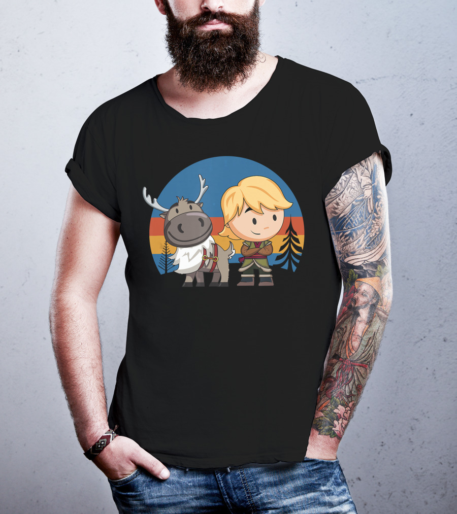 Frozen 2 Chibi Sven And Kristoff Retro Sunset Scene T-Shirt