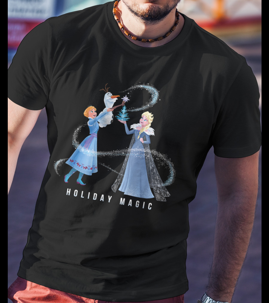 Disney Frozen Elsa Anna Olaf Holiday Magic Sparkling Winter Scene T-Shirt