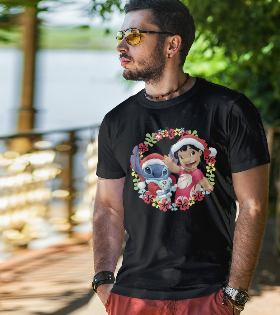 Disney Lilo And Stitch Christmas Santa Hats Hawaiian Flower Wreath T-Shirt