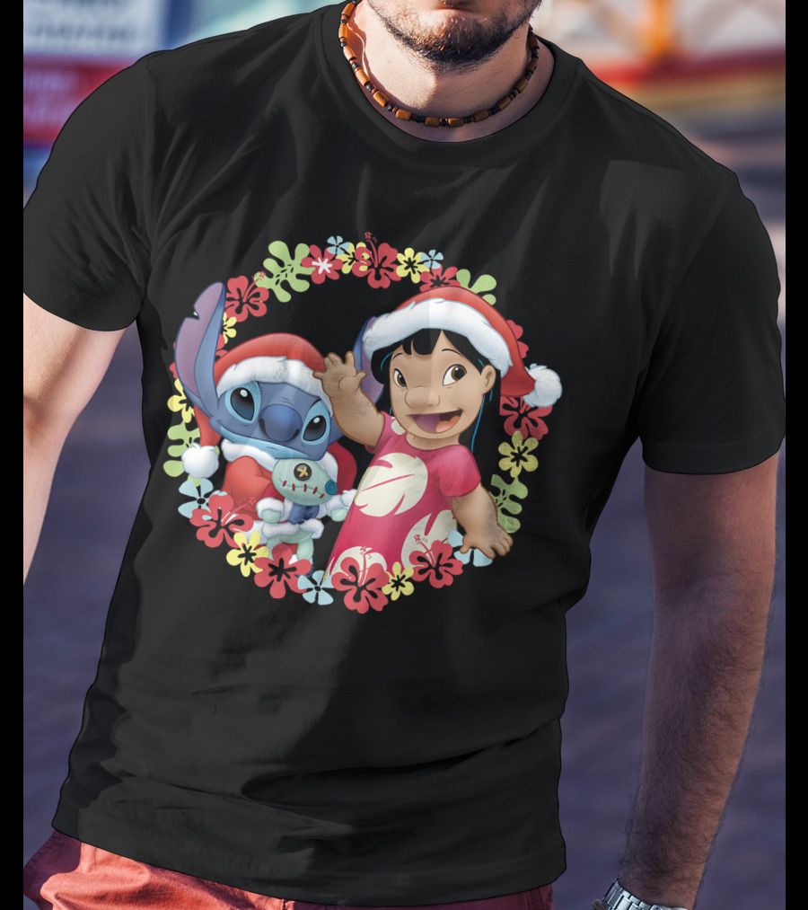 Disney Lilo And Stitch Christmas Santa Hats Hawaiian Flower Wreath T-Shirt
