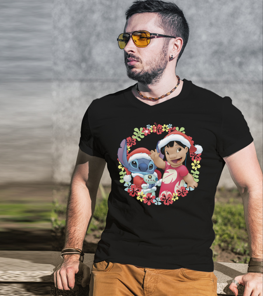 Disney Lilo And Stitch Christmas Santa Hats Hawaiian Flower Wreath T-Shirt