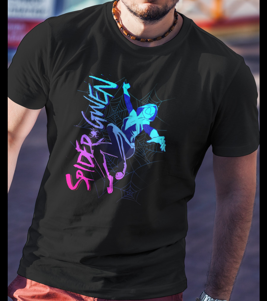 Marvel Spider Gwen Neon Gradient Web Jumping Pose T-Shirt