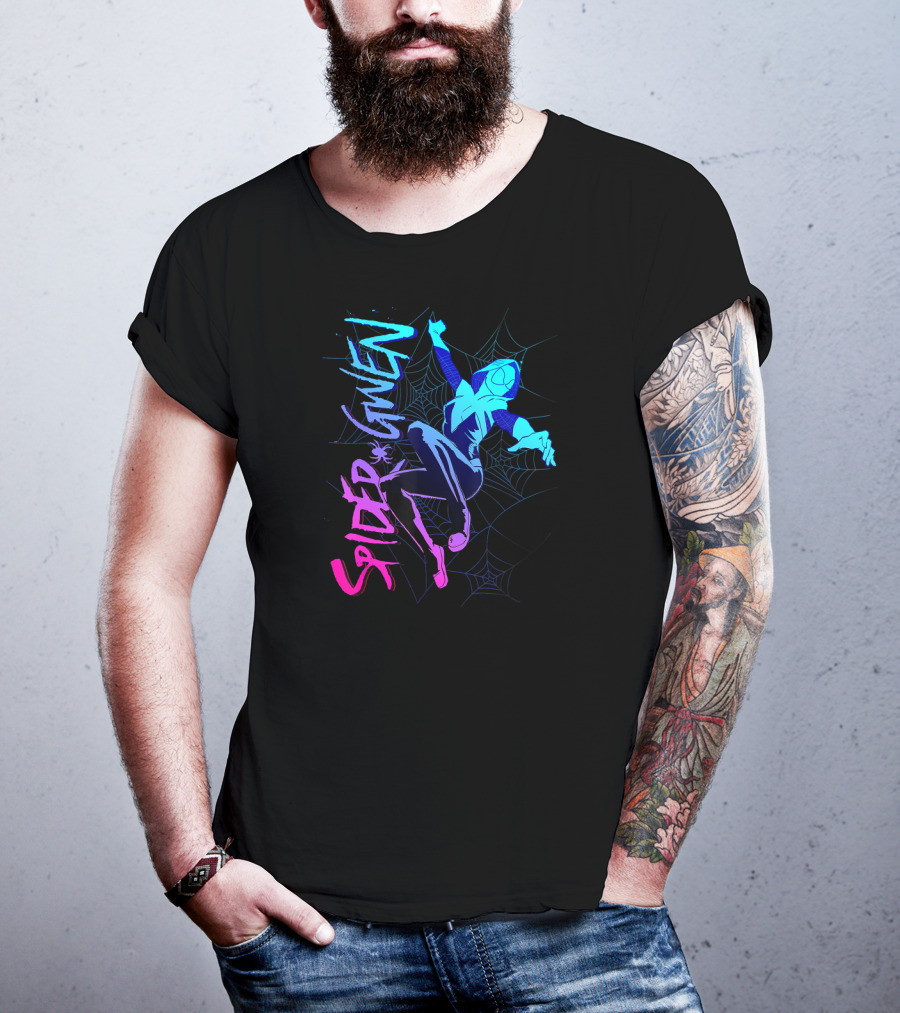 Marvel Spider Gwen Neon Gradient Web Jumping Pose T-Shirt