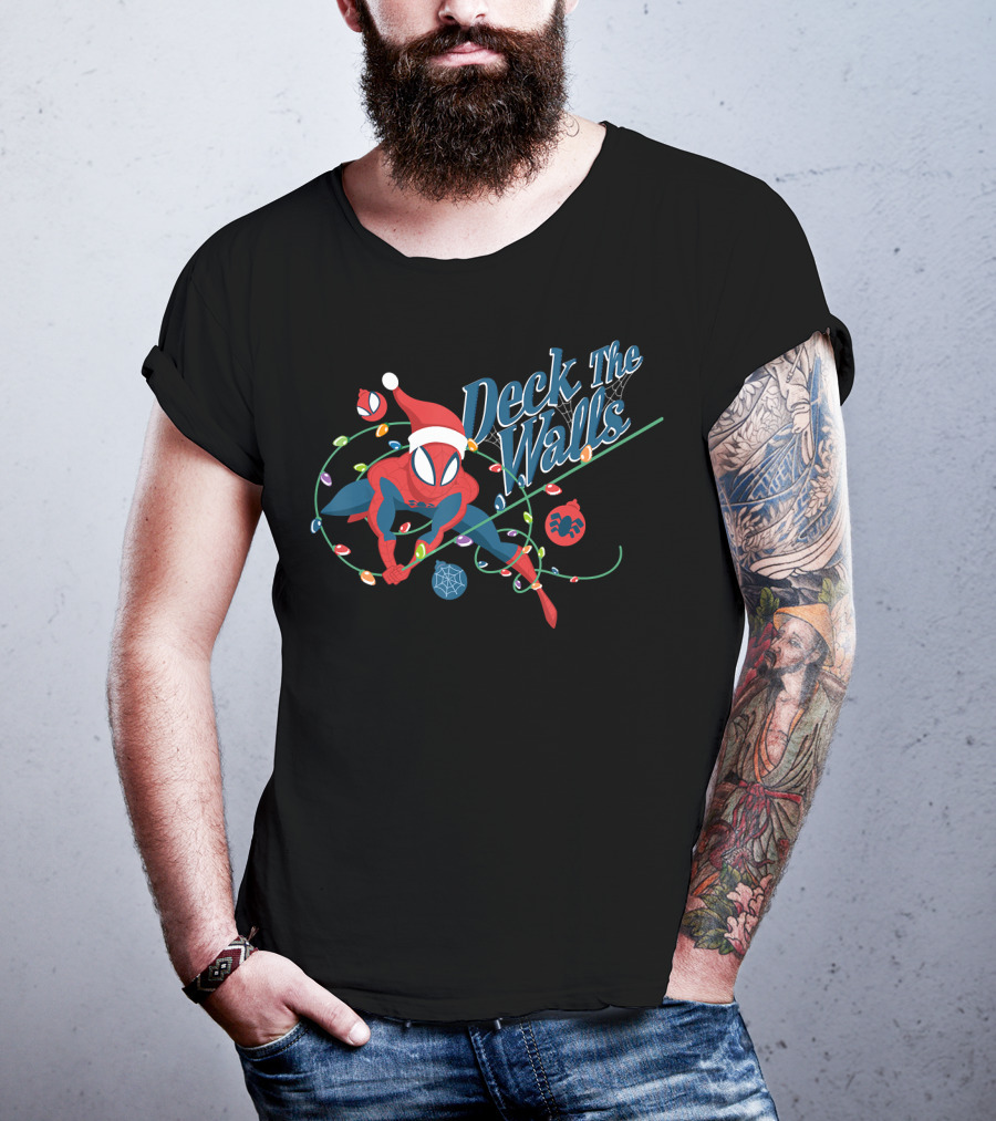 Deck The Walls Marvel Spider Man Holiday Christmas Lights Santa Hat T-Shirt