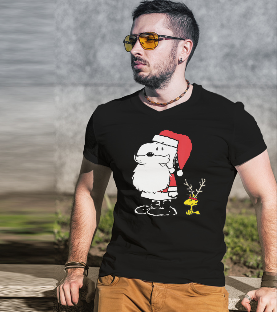 Peanuts Snoopy And Woodstock In Santa And Antlers Holiday Shop T-Shirt