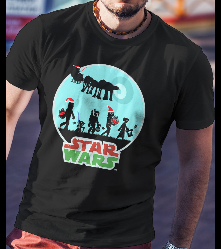 Star Wars Holiday Characters With Santa Hats And Death Star T-Shirt