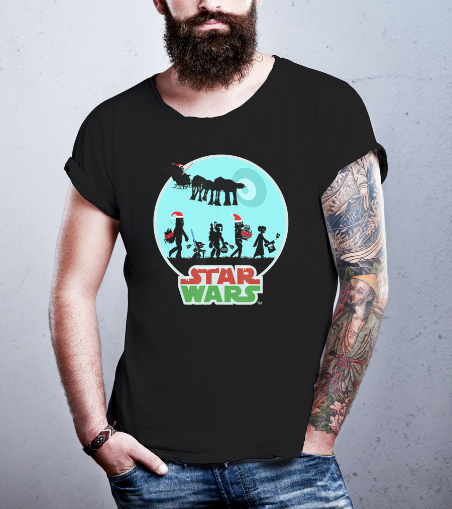 Star Wars Holiday Characters With Santa Hats And Death Star T-Shirt