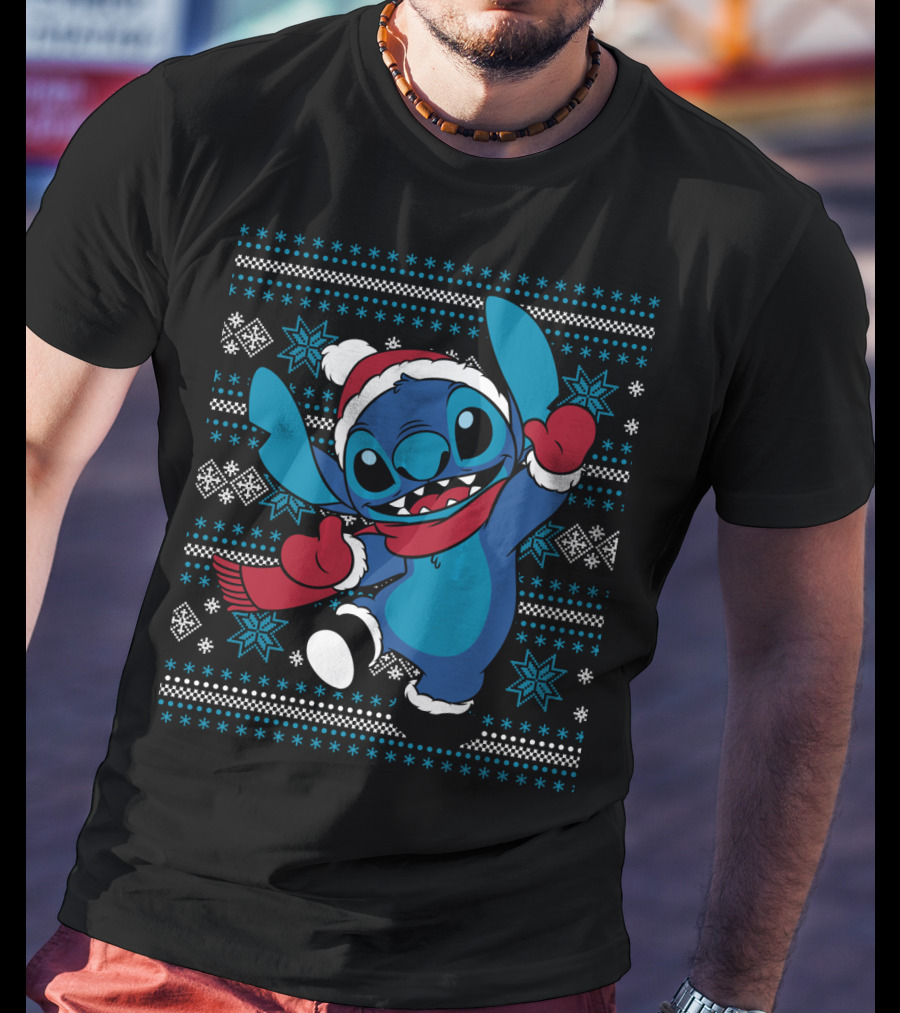 Disney Stitch Happy Holiday Festive Sweater Design With Snowflakes And Santa Hat T-Shirt