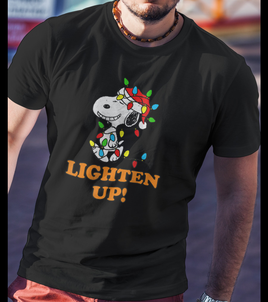 Peanuts Snoopy Christmas Lighten Up With Holiday Lights And Santa Hat T-Shirt