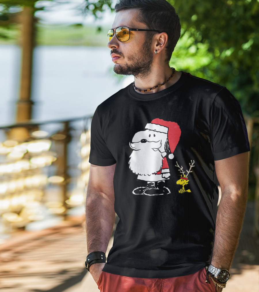 Snoopy Santa With Woodstock Antlers Peanuts Holiday T-Shirt