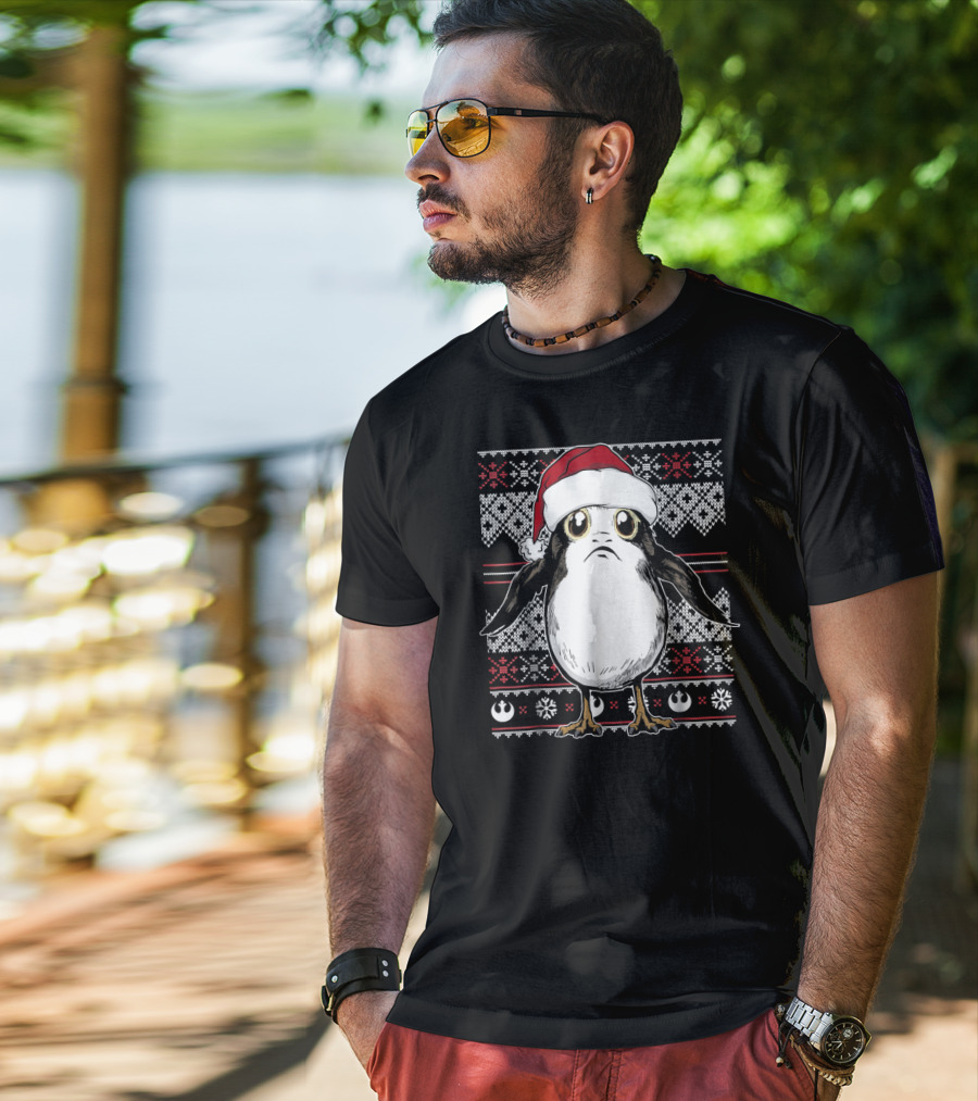 Star Wars Porg Santa Hat Christmas Sweater Pattern Rebel Alliance Snowflakes T-Shirt