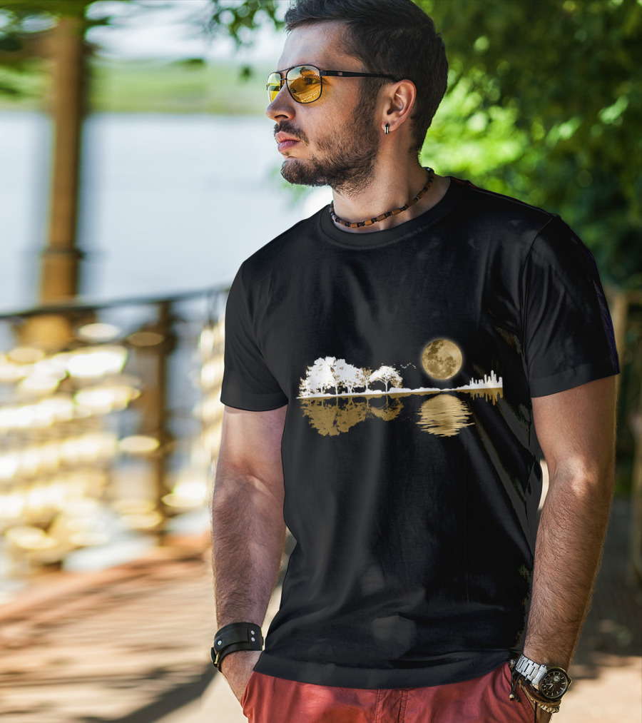 Acoustic Guitar Player Birthday Moonlit Lakeside Reflection T-Shirt