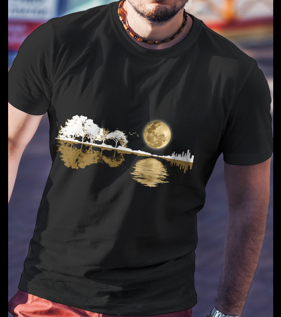 Acoustic Guitar Player Birthday Moonlit Lakeside Reflection T-Shirt