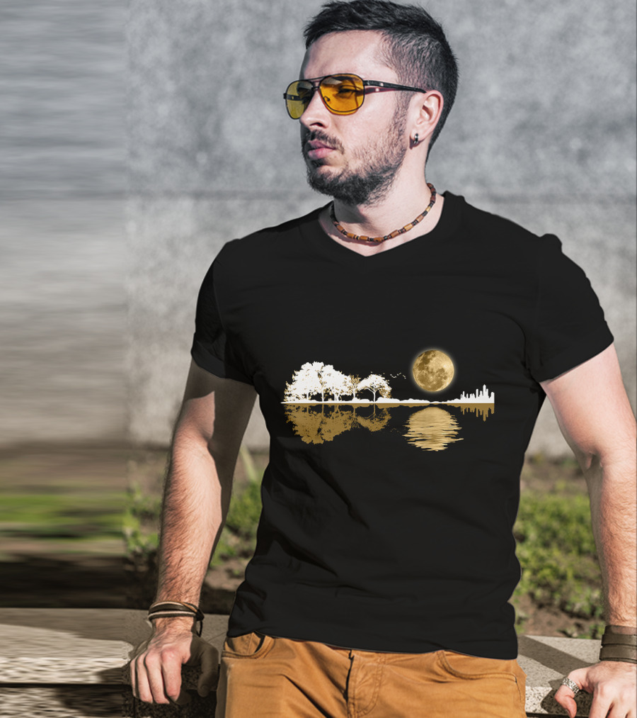 Acoustic Guitar Player Birthday Moonlit Lakeside Reflection T-Shirt