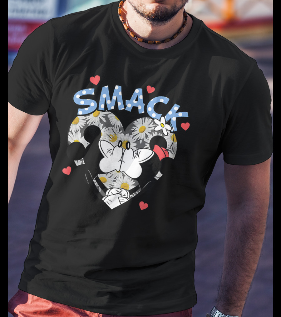 Disney Valentines Smack Kiss Heart Daisies Mickey And Minnie T-Shirt