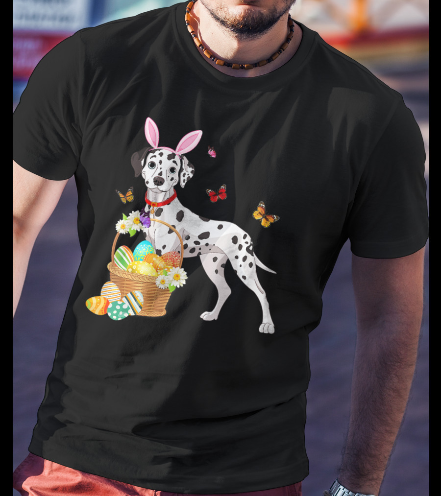 Dalmatian With Bunny Ears Holding Easter Egg Basket And Butterflies T-Shirt