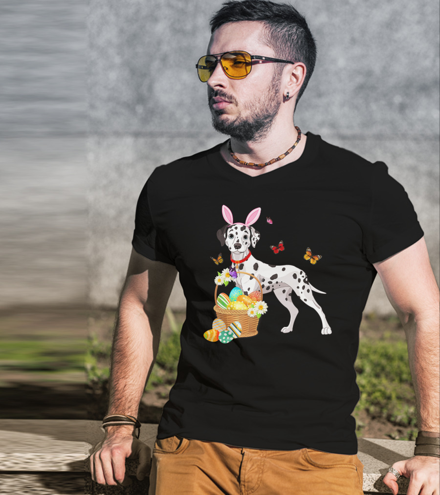 Dalmatian With Bunny Ears Holding Easter Egg Basket And Butterflies T-Shirt