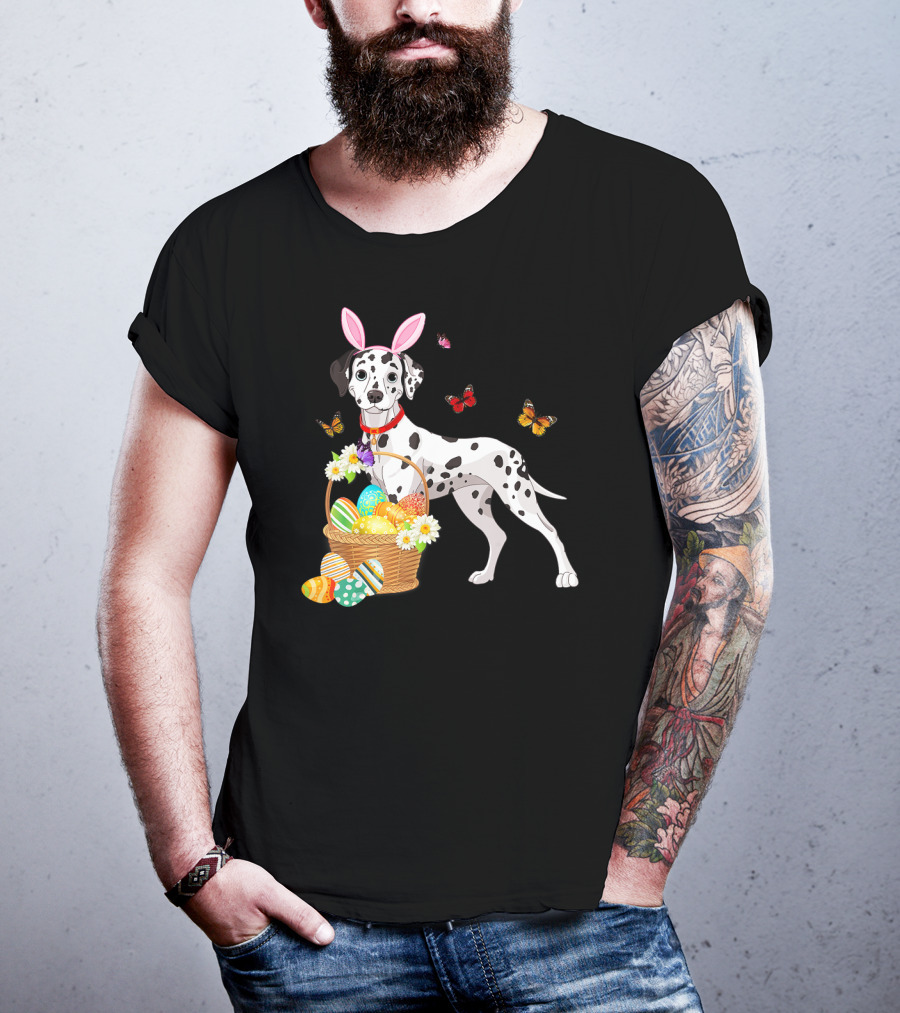 Dalmatian With Bunny Ears Holding Easter Egg Basket And Butterflies T-Shirt