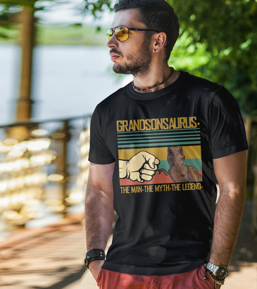 Grandsonsaurus The Man The Myth The Legend Dinosaur Fist Retro Stripes T-Shirt