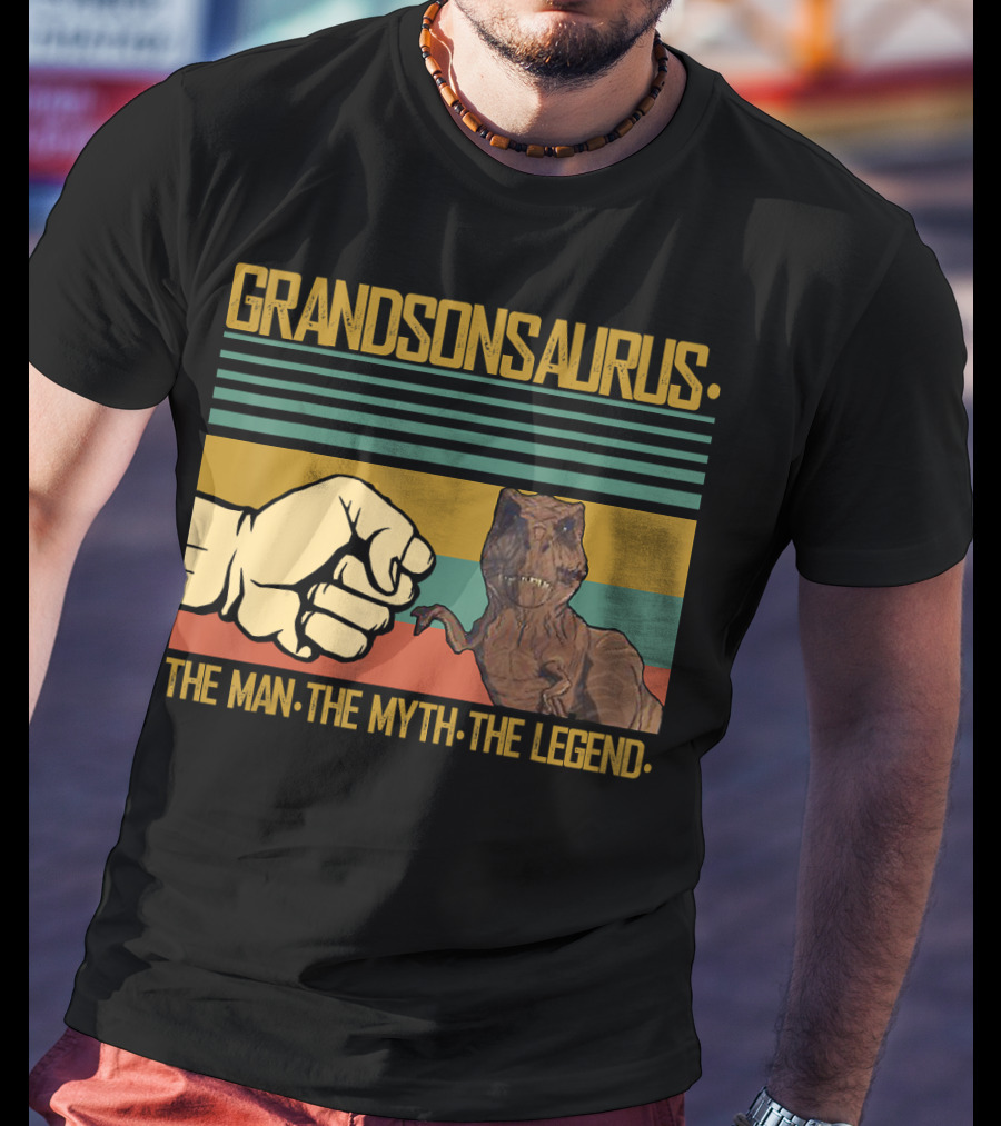 Grandsonsaurus The Man The Myth The Legend Dinosaur Fist Retro Stripes T-Shirt