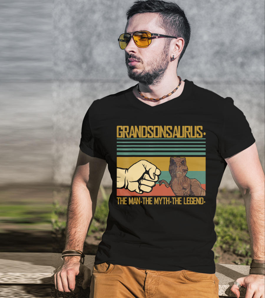 Grandsonsaurus The Man The Myth The Legend Dinosaur Fist Retro Stripes T-Shirt